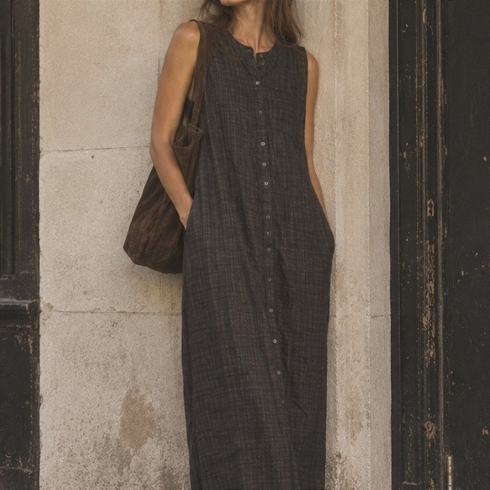 Vintage 90s Irish Linen Midi Dress Button Front Gingham Black 2X Lagenlook Boho